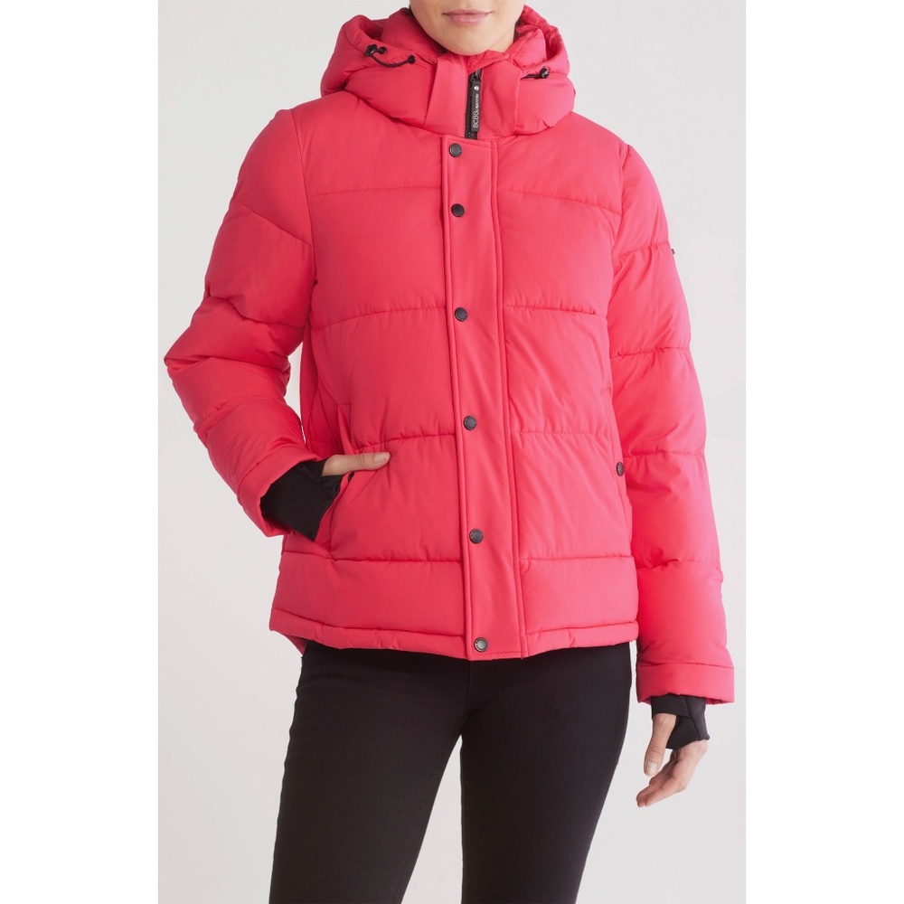 BCBGENERATION NWT MISSY HOODED THUMBHOLE SHORT FUCHSIA PUFFER JACKET. SIZE M - Picture 4 of 16
